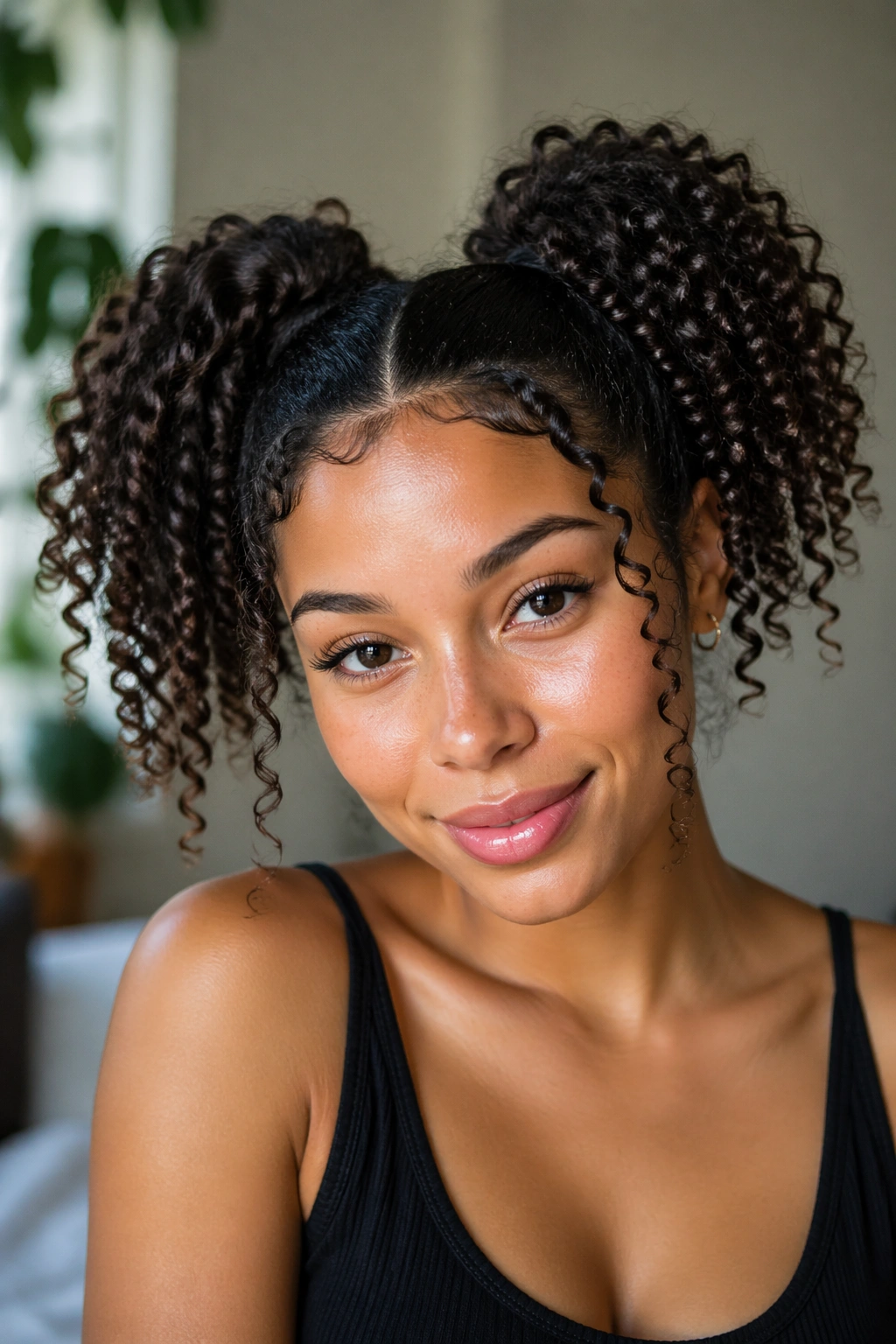 Close-up of a real woman with two high ponytails and defined curl ends