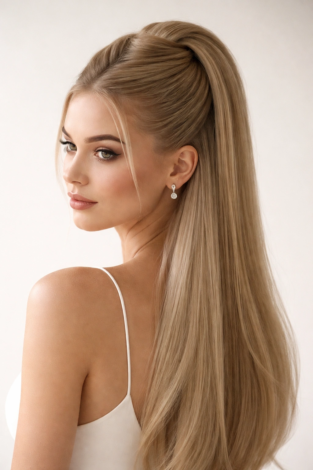 High-twist half-up hairstyle with sleek architectural twist