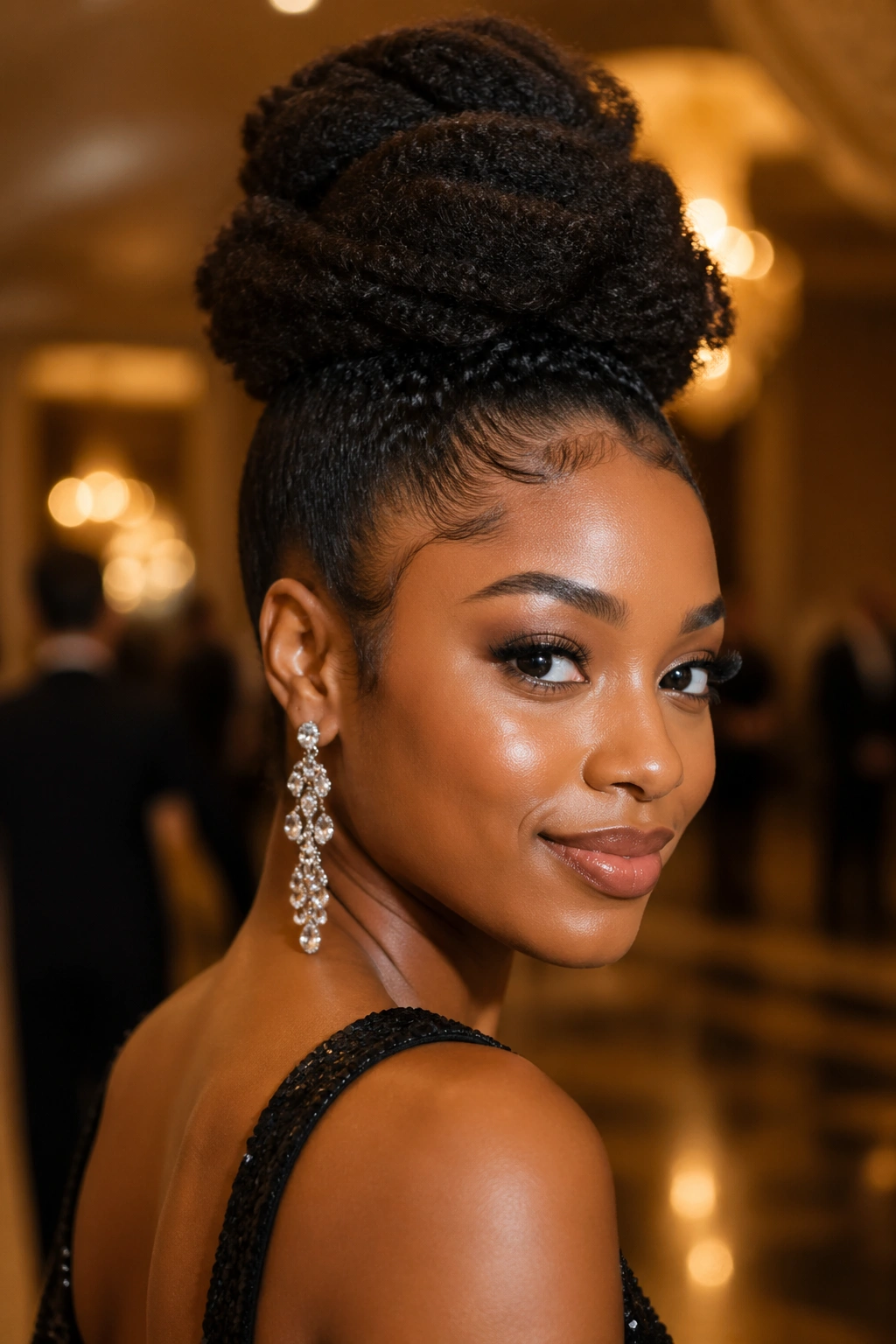 Close-up of a real woman with a high twisted puff in sculptural form