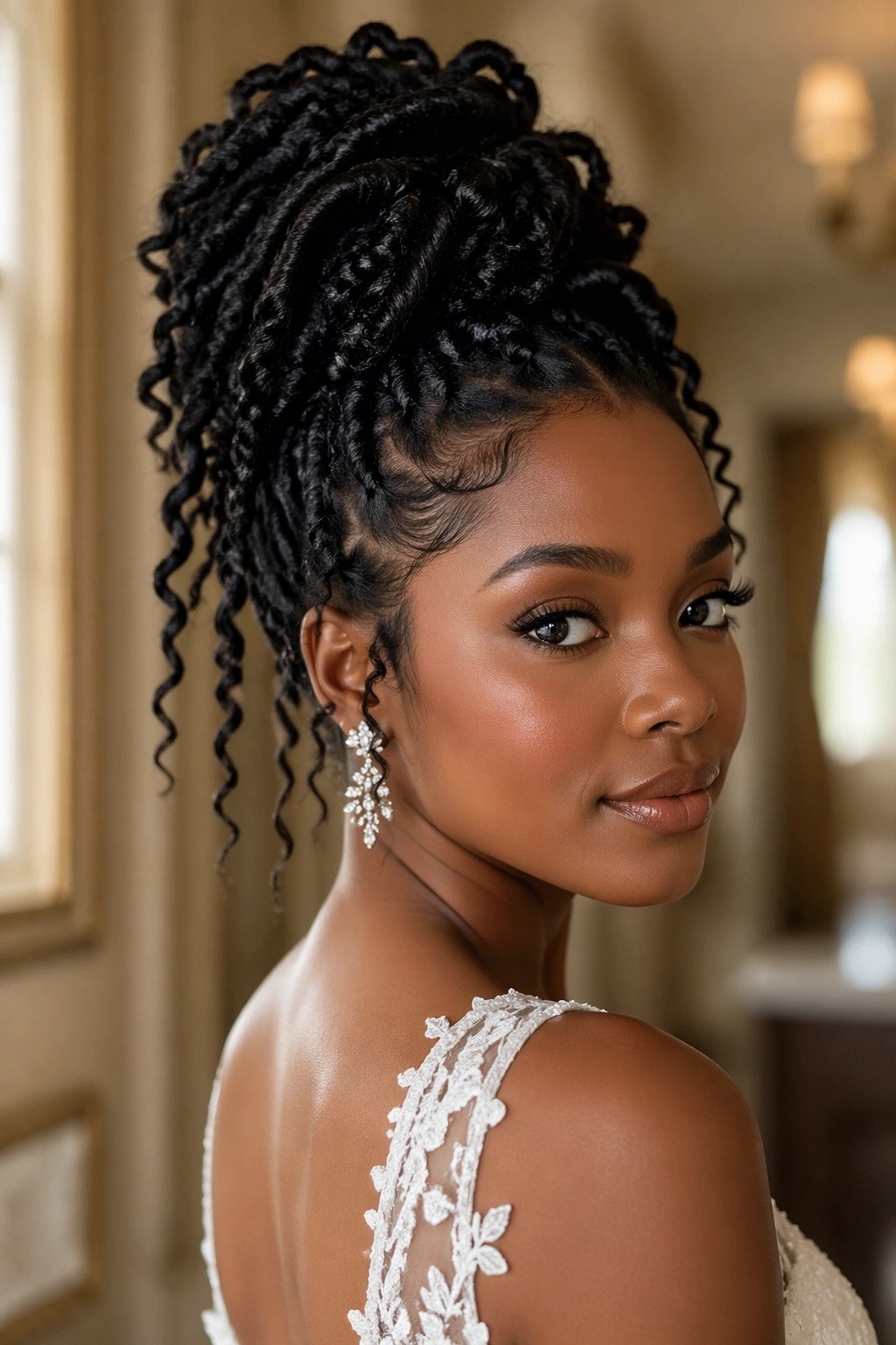 Bride with high twisted updo and cascading curls