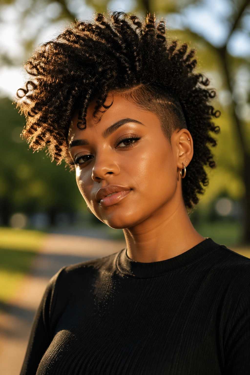 Medium close-up of a person with a high-volume natural curly hawk