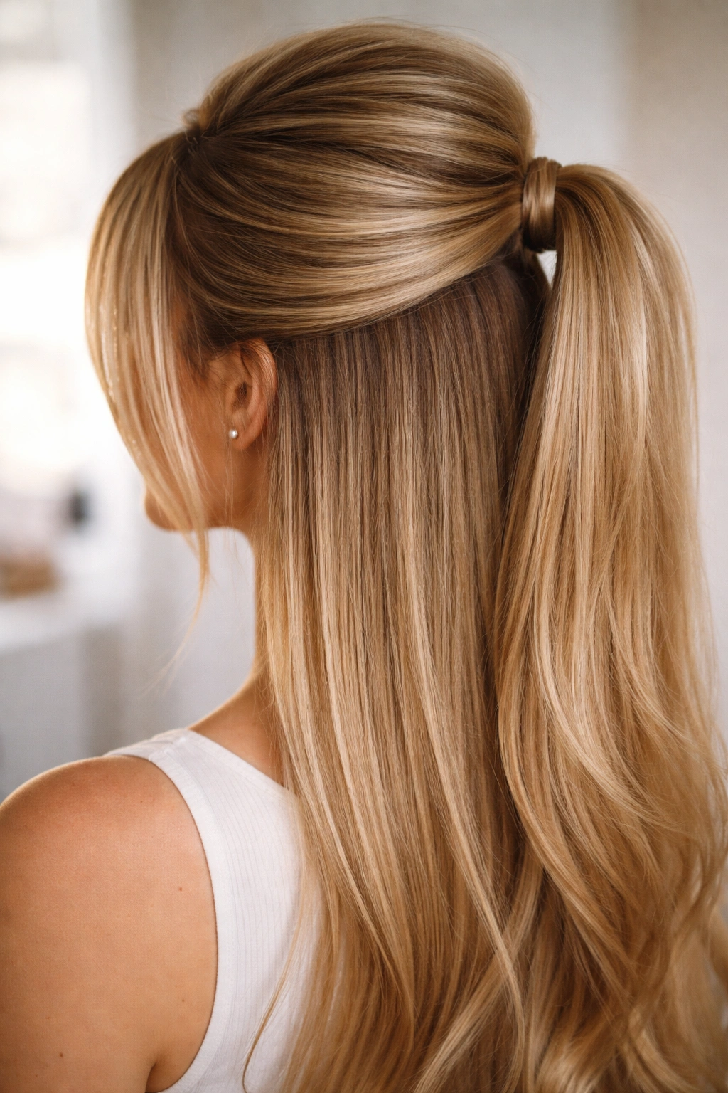 Close-up of a teased crown creating a rounded half-up hairstyle