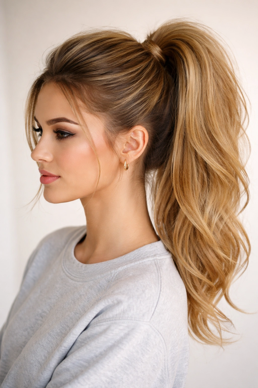High ponytail with teased crown for extra volume