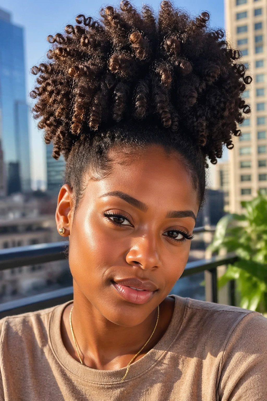 Close-up of a real person with a high-volume twist-out puff at the crown