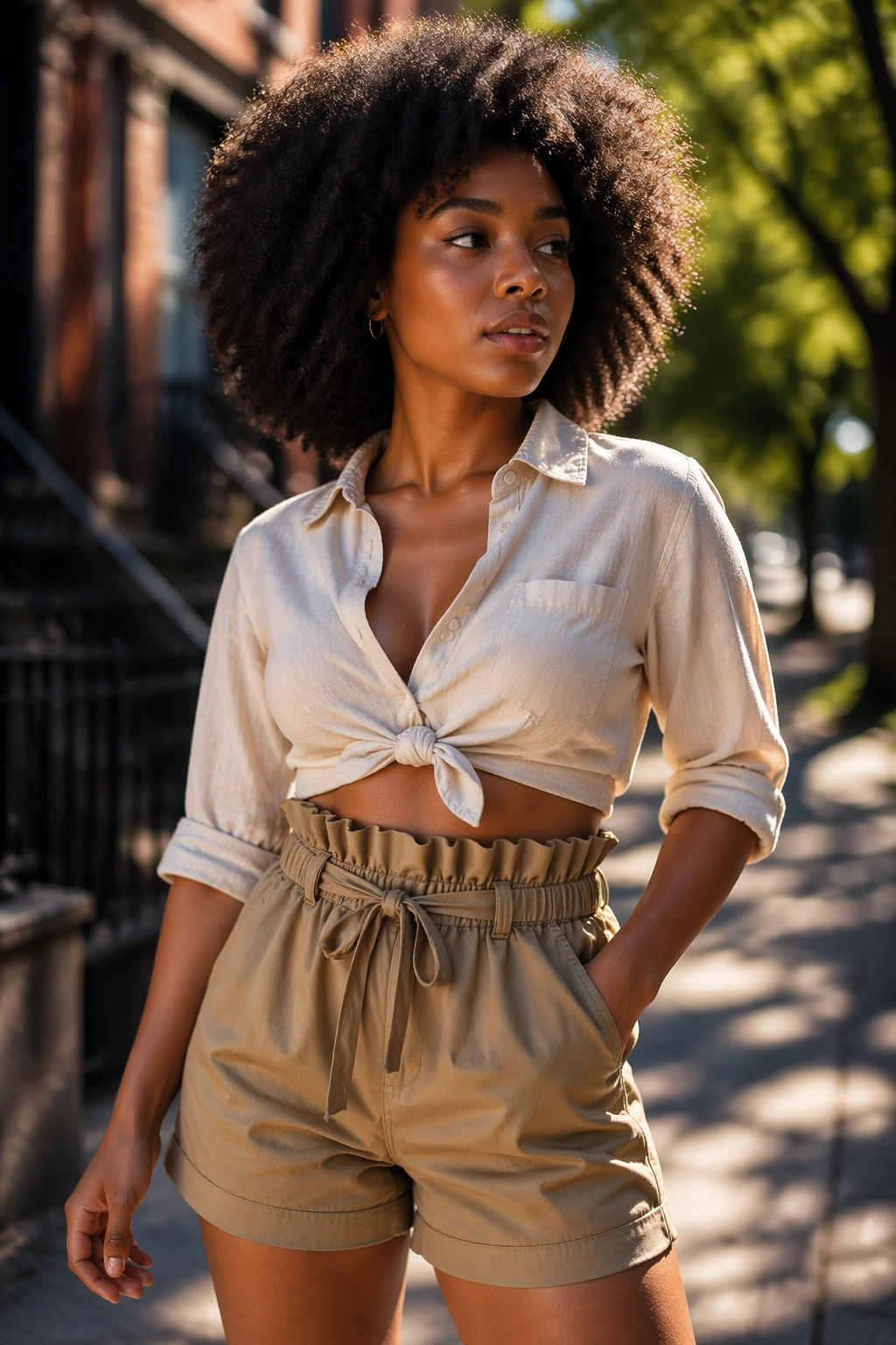 Woman wearing paperbag shorts and cropped blouse outdoors
