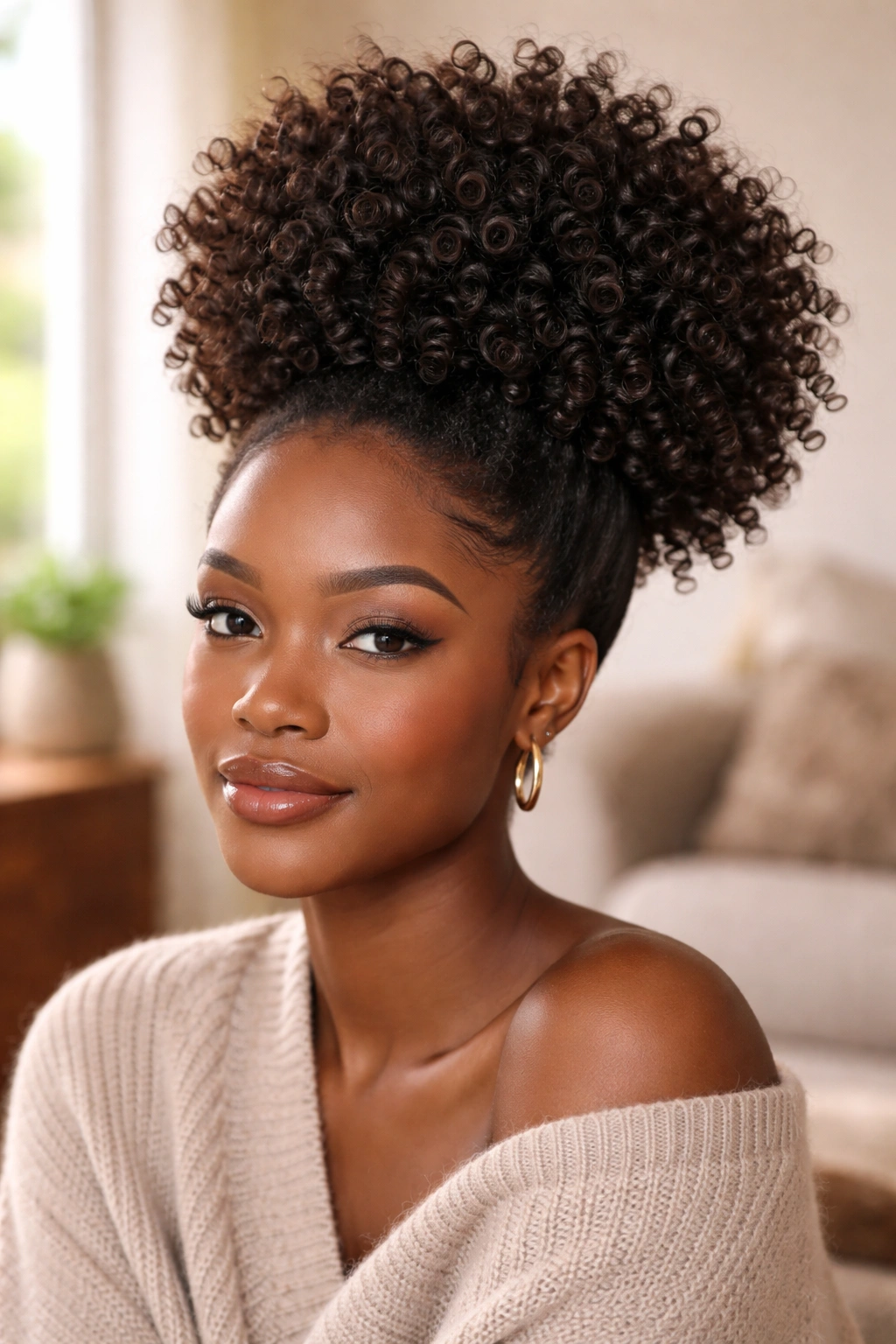 Front portrait of a person with a high wand curl puff