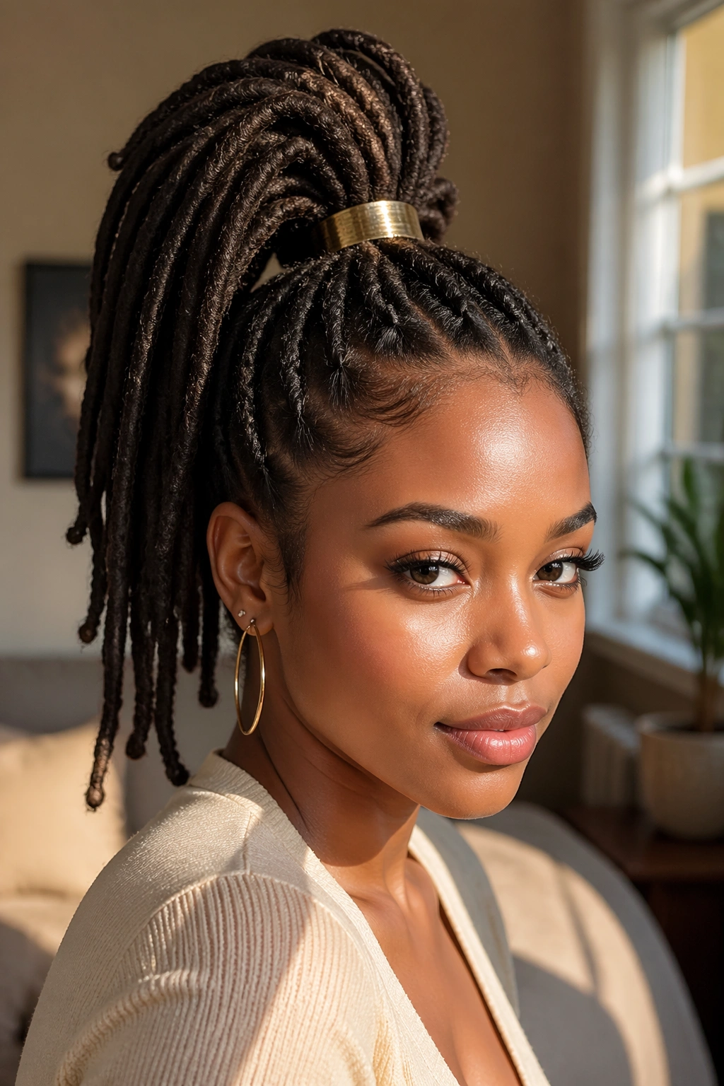 Close-up of a real woman with a high crown wrapped faux ponytail.