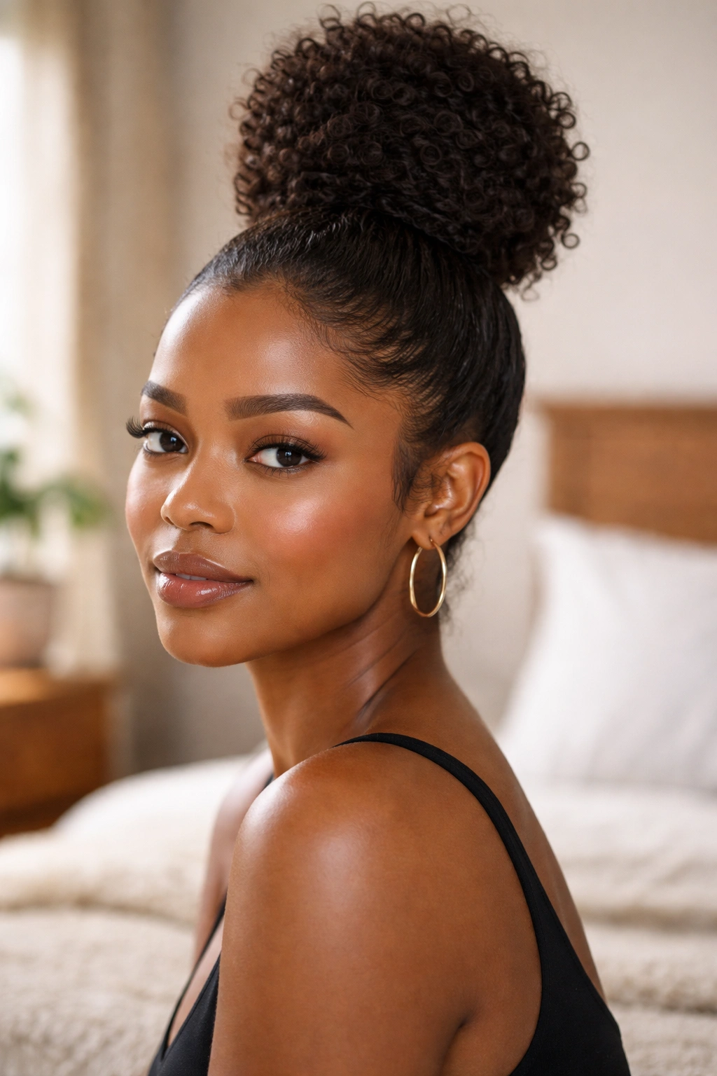 Close-up of a Black woman with a high bun protective style in soft window light