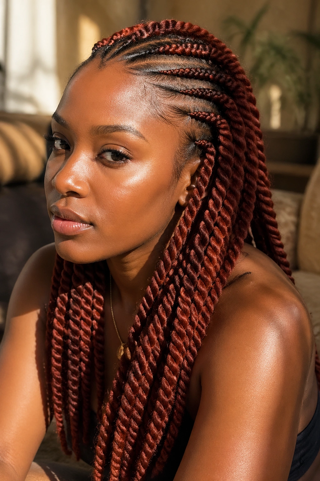 Close-up of a real woman's Himba-inspired rope braids with rust-red rope twists
