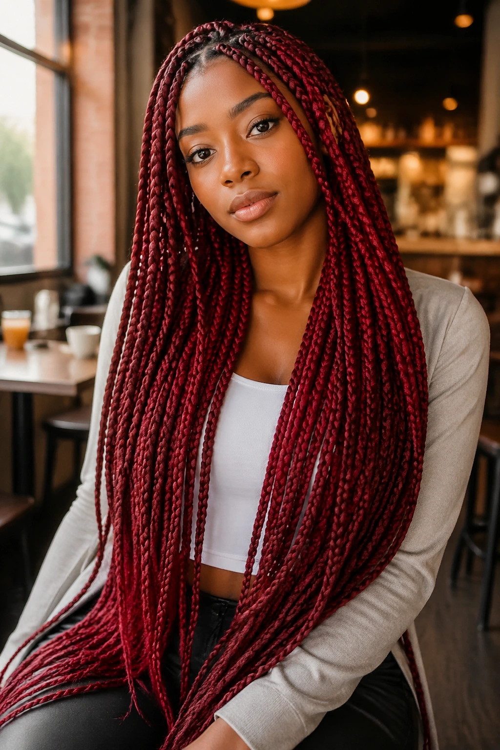 Close-up of a real woman with hip-length red knotless box braids