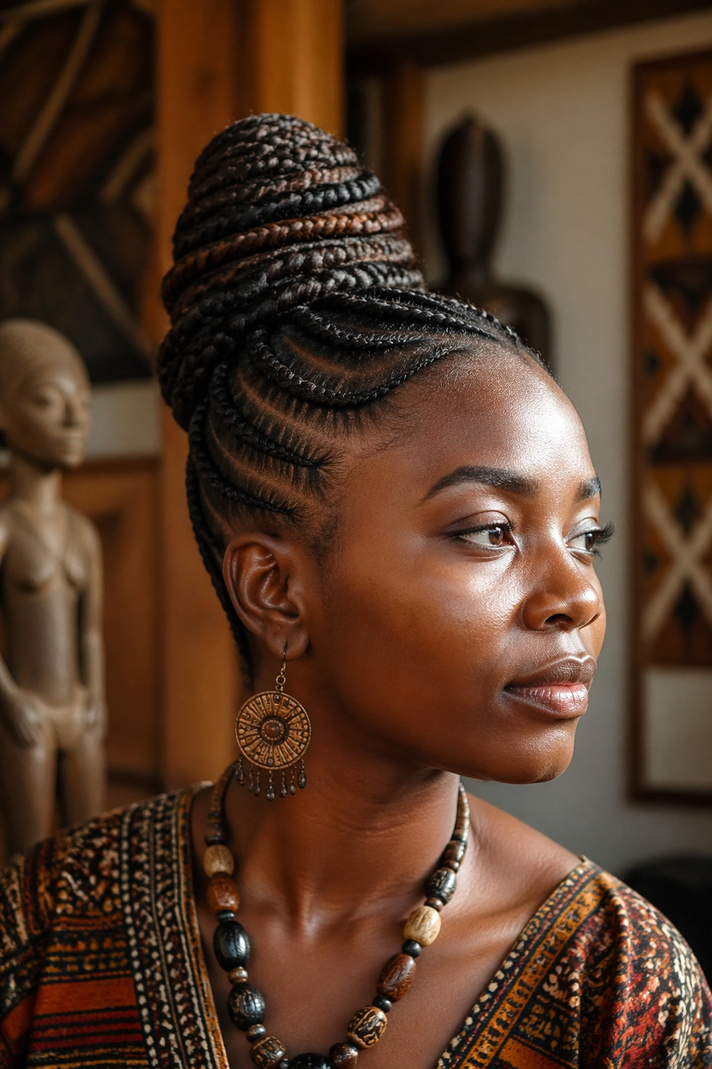 Portrait of a real person in an intricate cornrow updo reflecting Black hair culture history