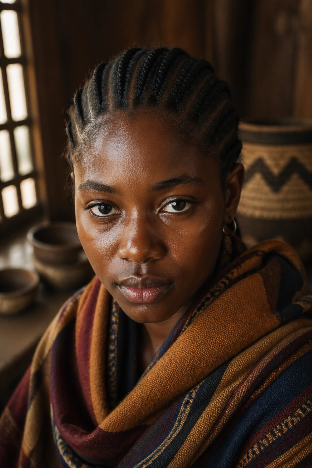 Portrait of a person with cornrows in a warm, heritage-inspired setting.