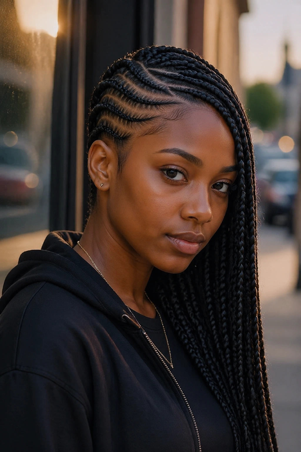 Portrait of a real person with side-swept cornrows in urban setting