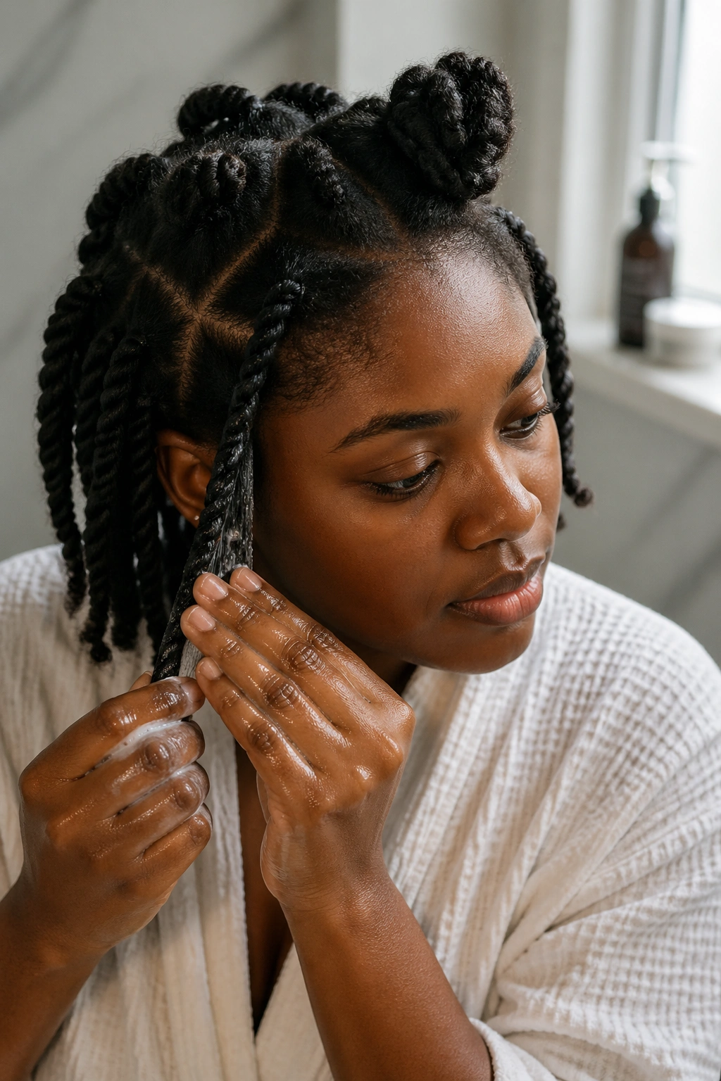 Close-up of hair being prepped with gel before perm twists