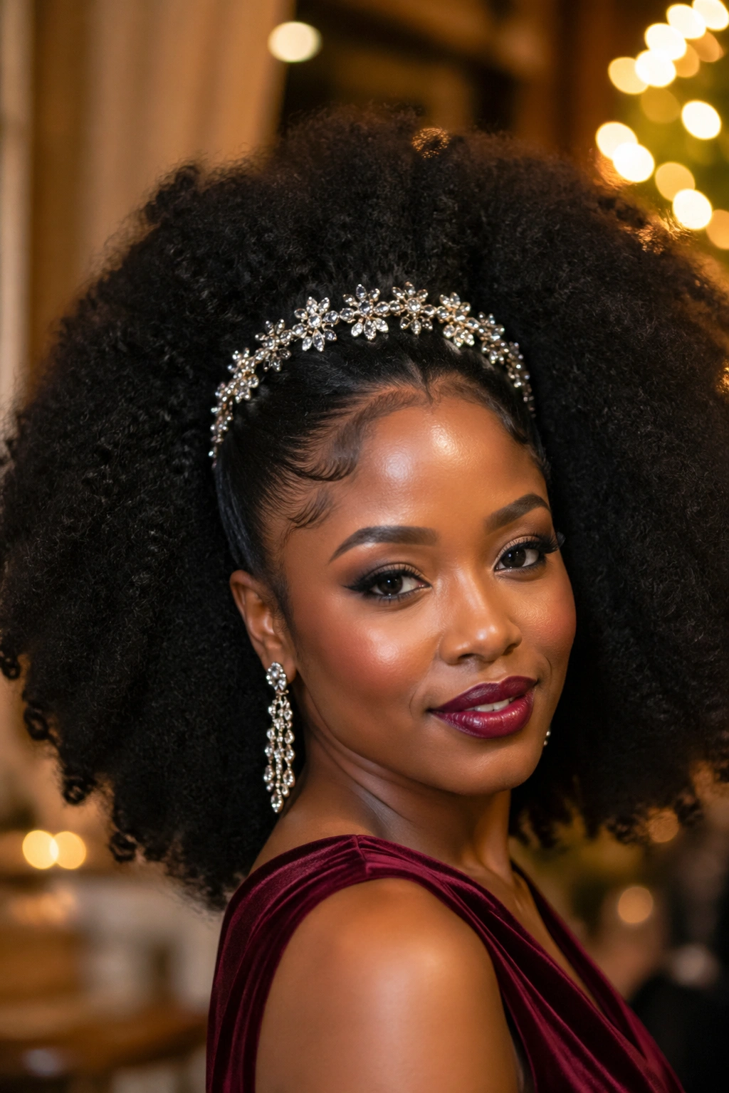 Close-up of a real woman with a large brushed-out hairstyle and jeweled headband