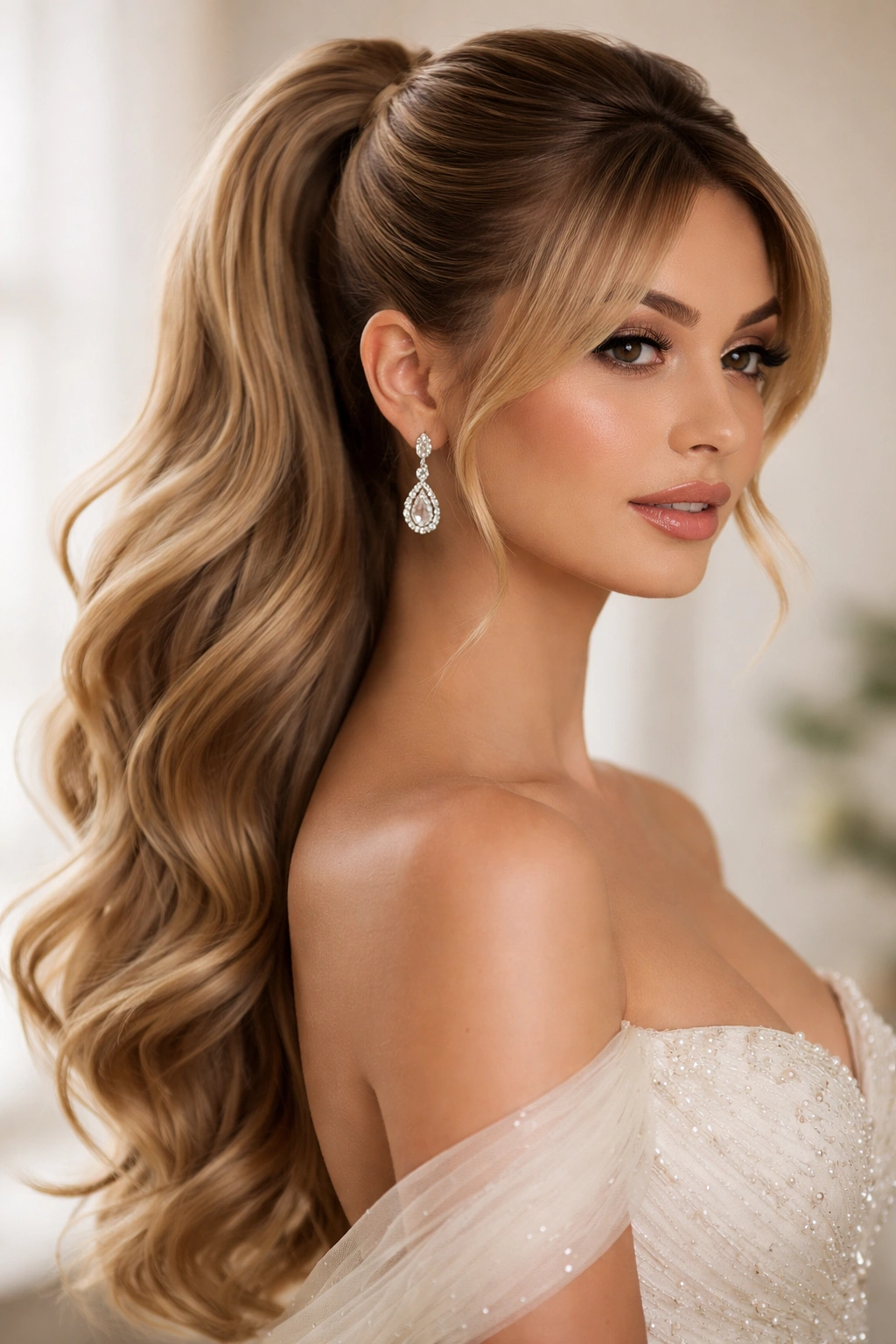 High ponytail with Hollywood waves and curtain bangs