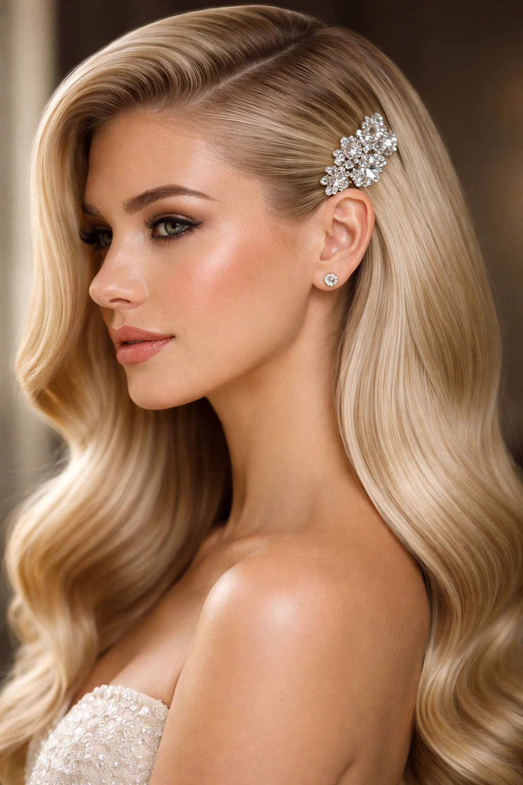 Deep side-parted straight hair tucked behind the ear with crystal pins