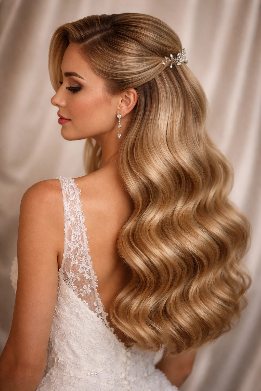 Hollywood Wave Half-Up hairstyle with pinned top and smooth waves