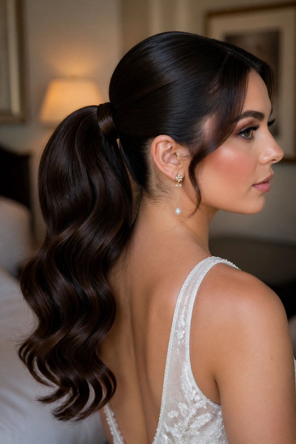 Close-up portrait of a bride with Hollywood wave ponytail starting mid-length.