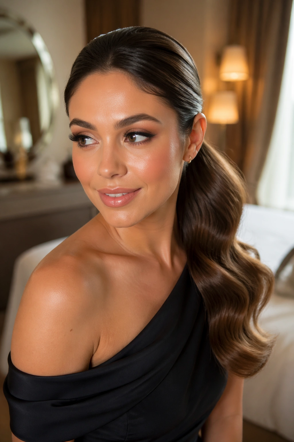 Close-up of a real woman with Hollywood wave ponytail and low curled tail.