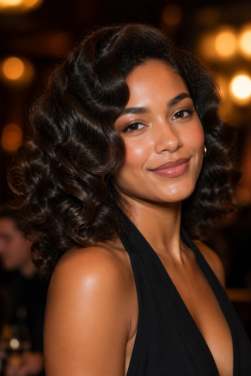 Close-up of a real woman with brushed-out Hollywood waves on natural curls
