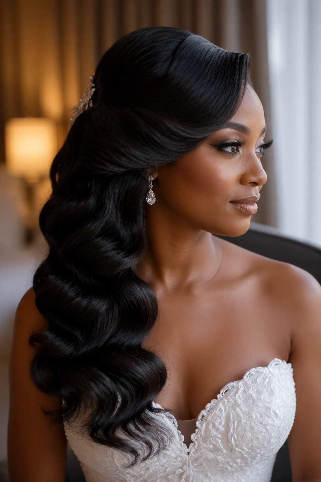 Close-up of bride with side-swept half-up hairstyle and Hollywood waves cascading over shoulder