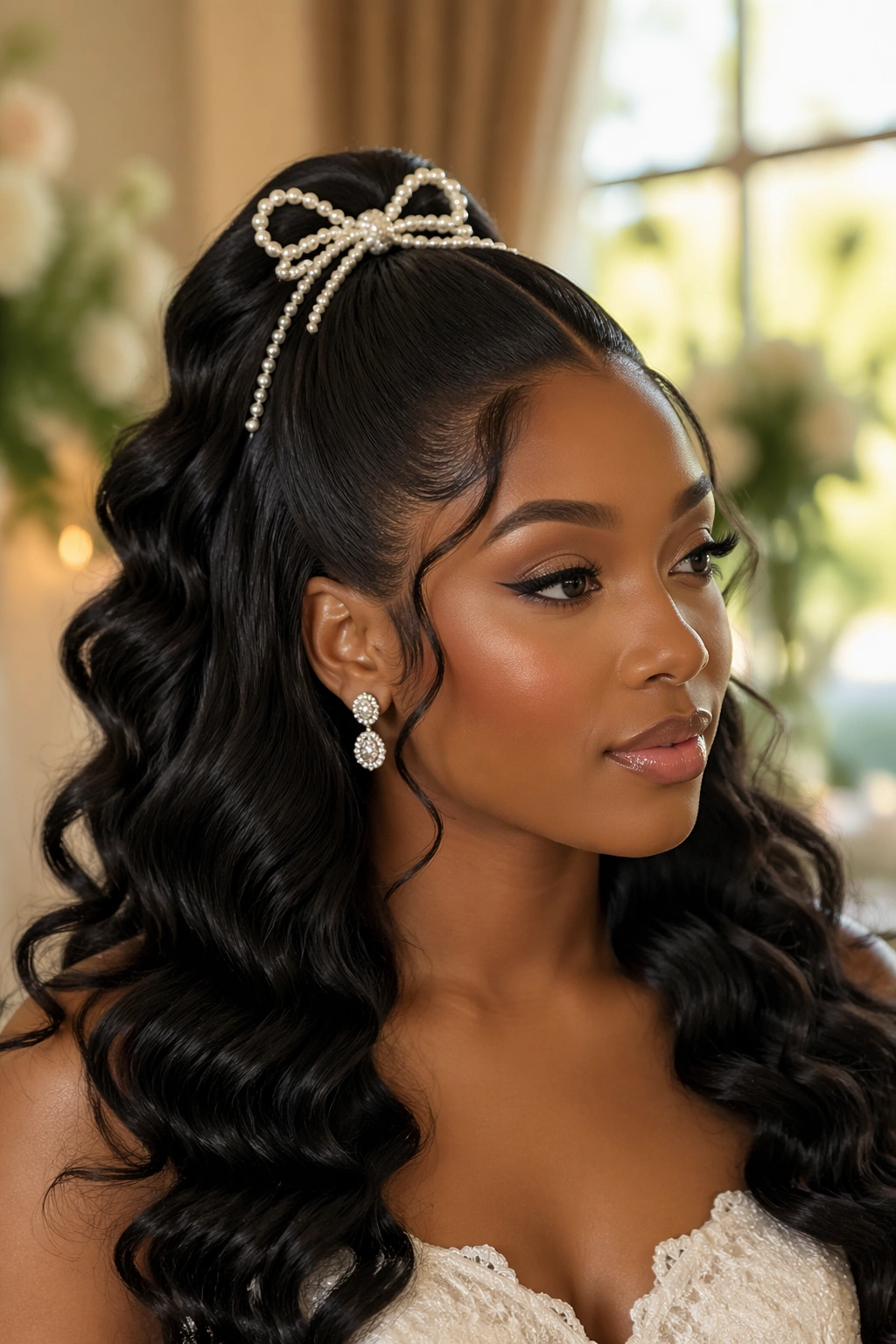 Close-up portrait of a real woman with Hollywood wave half-up hairstyle and a pearl bow