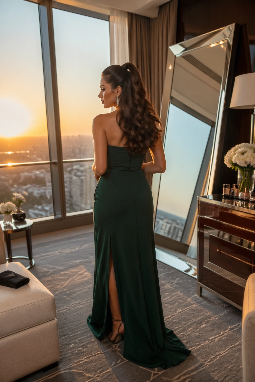 Glamorous Hollywood wave half up ponytail in hotel suite at golden hour