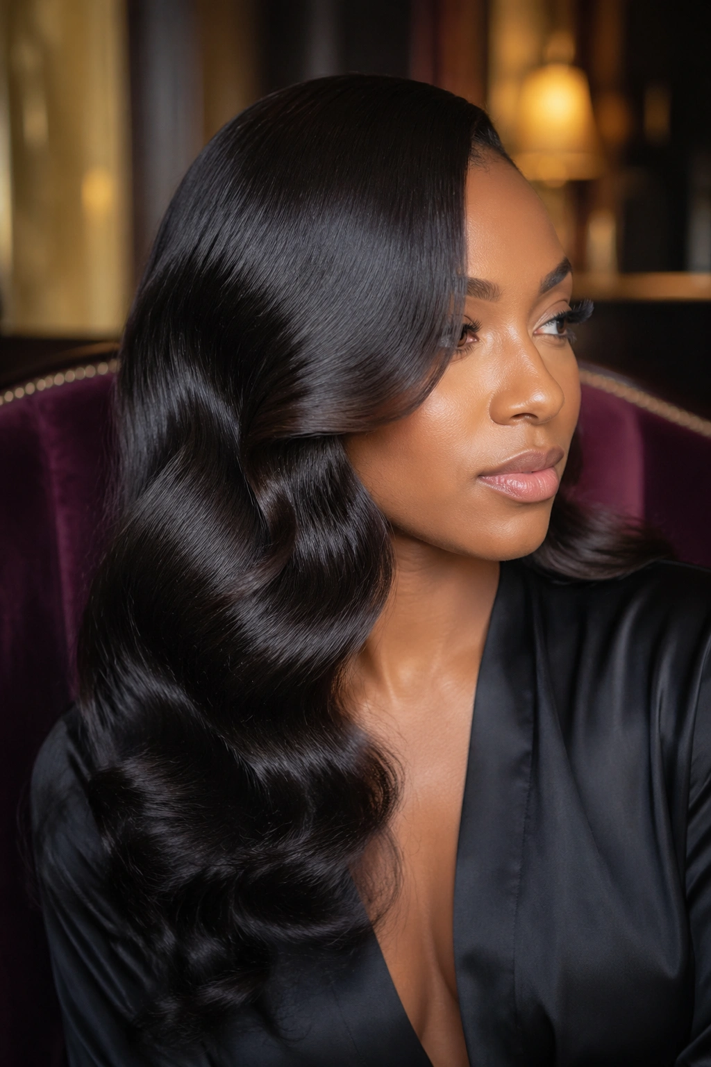 Real woman with Hollywood waves on silk-pressed hair.