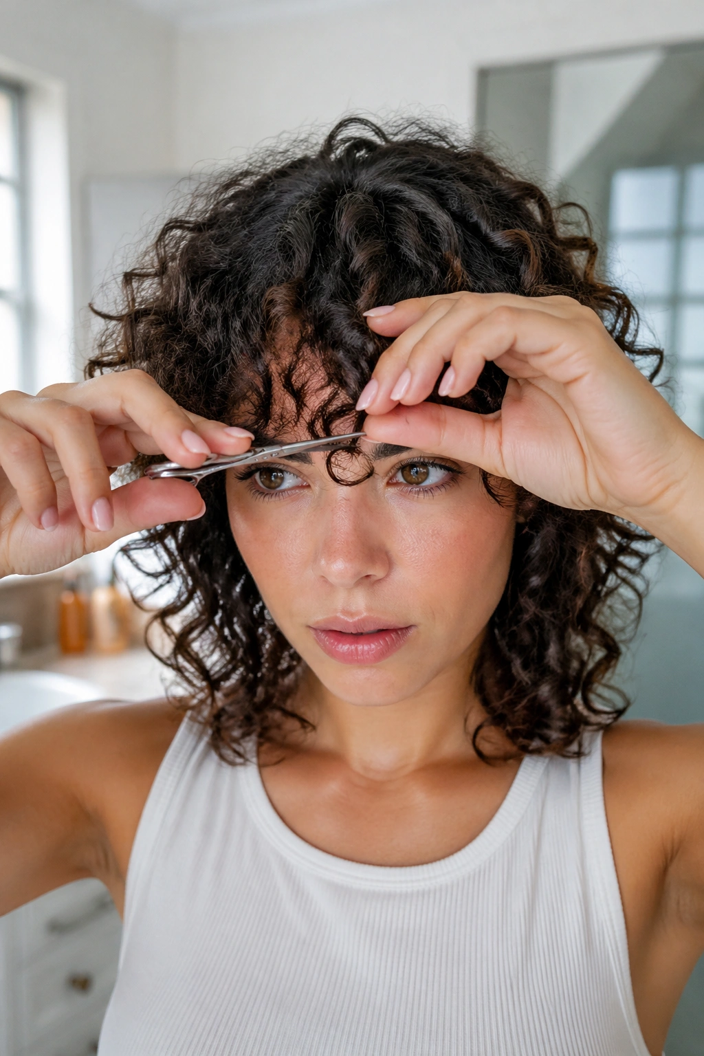 Real person trimming curly bangs at home with scissors