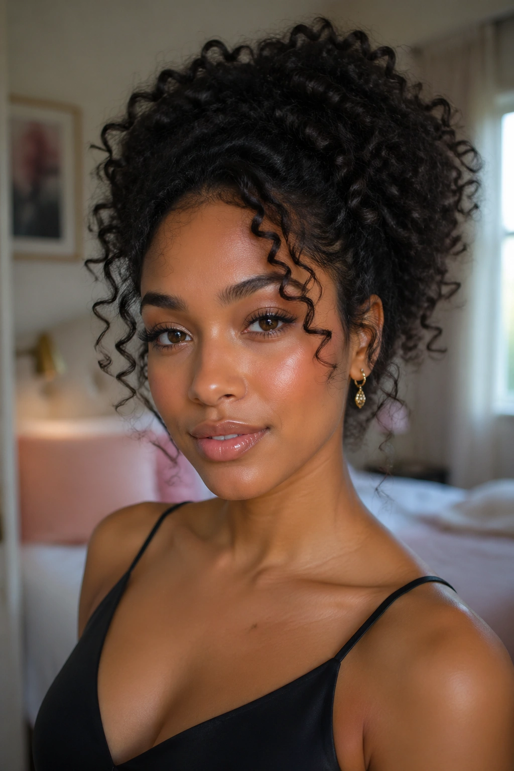 Close-up of a real woman with defined curls in soft bedroom light