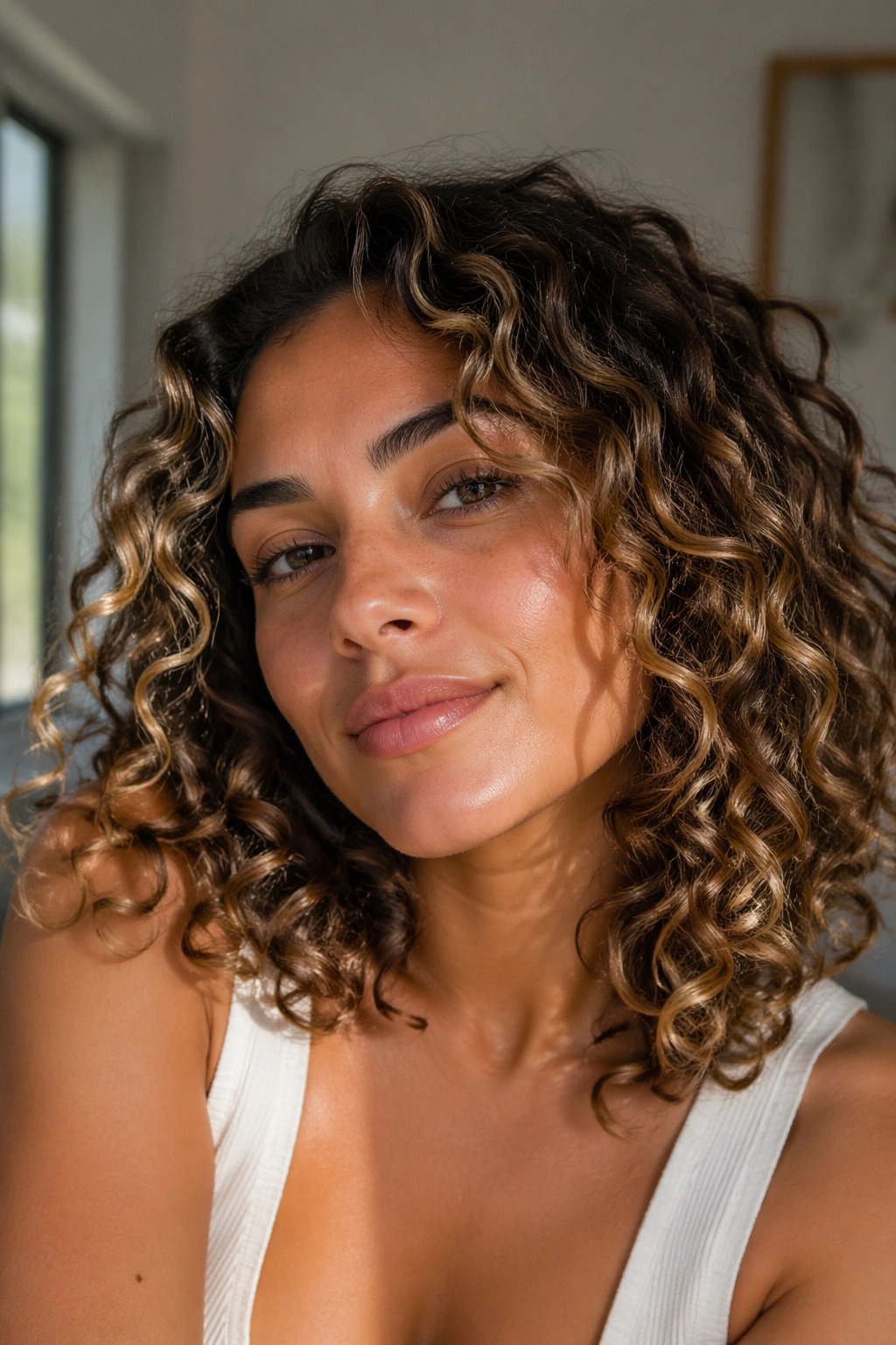 Close-up portrait of a real woman with curly hair showing honey balayage and face-framing highlights under warm window light