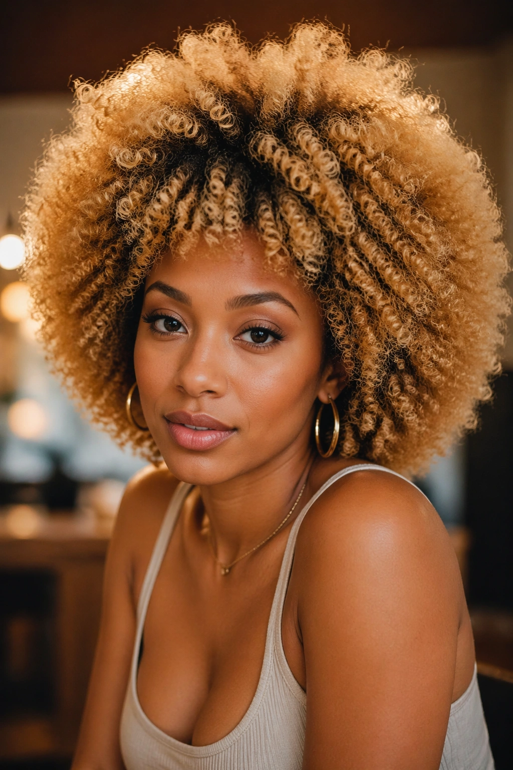 Close-up portrait of a real person with a honey blonde afro and dark roots
