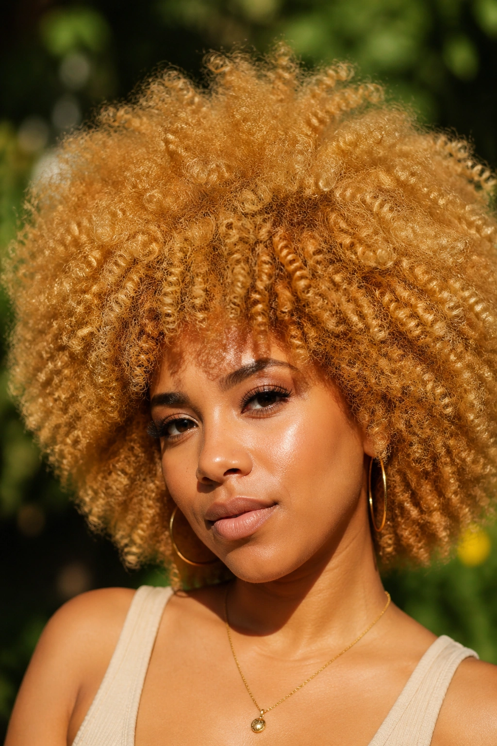 Close-up portrait of a woman with a honey blonde afro in bright outdoor light
