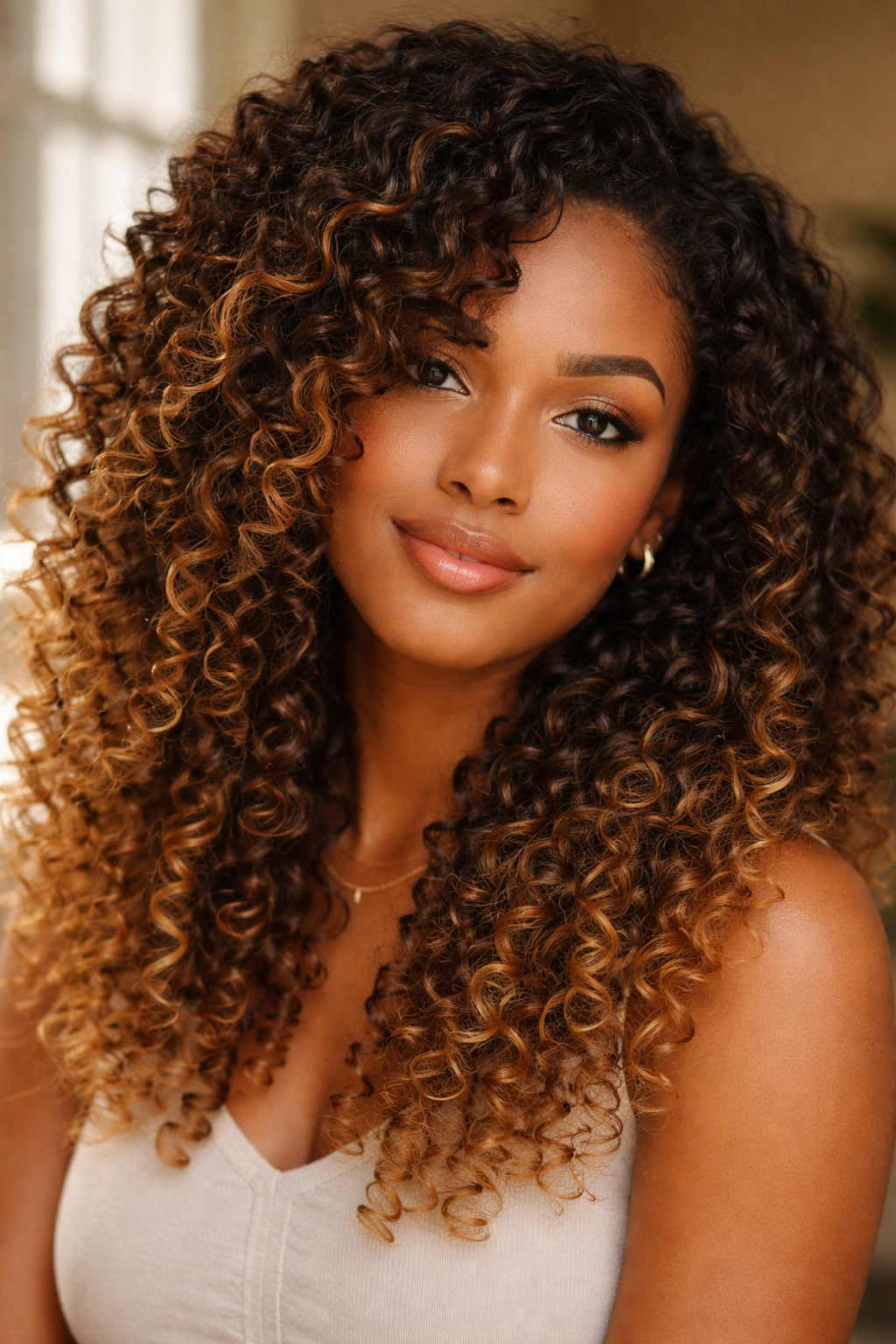 Close-up of curls with honey blonde balayage
