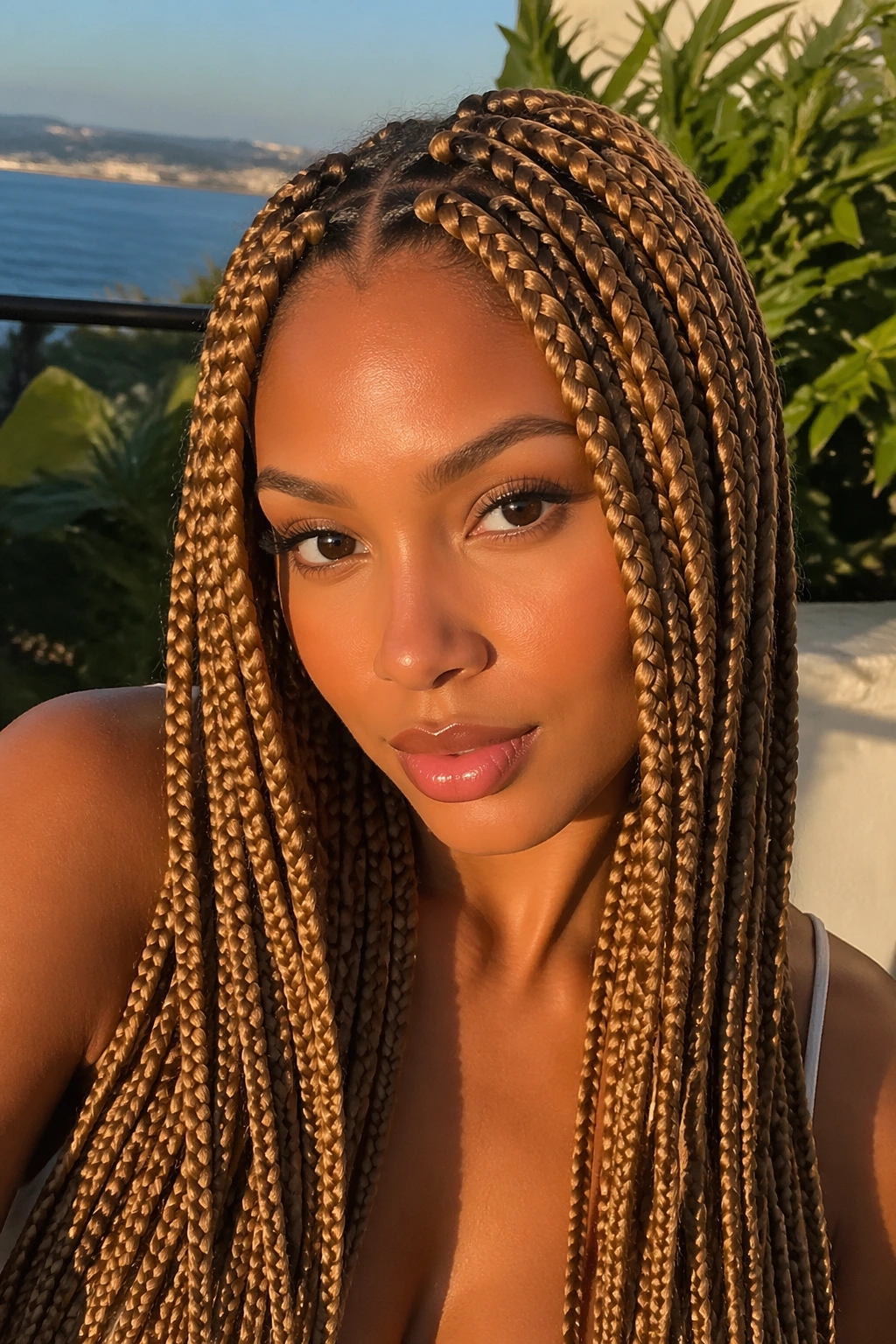 Close-up of a real woman with honey blonde box braids hairstyle