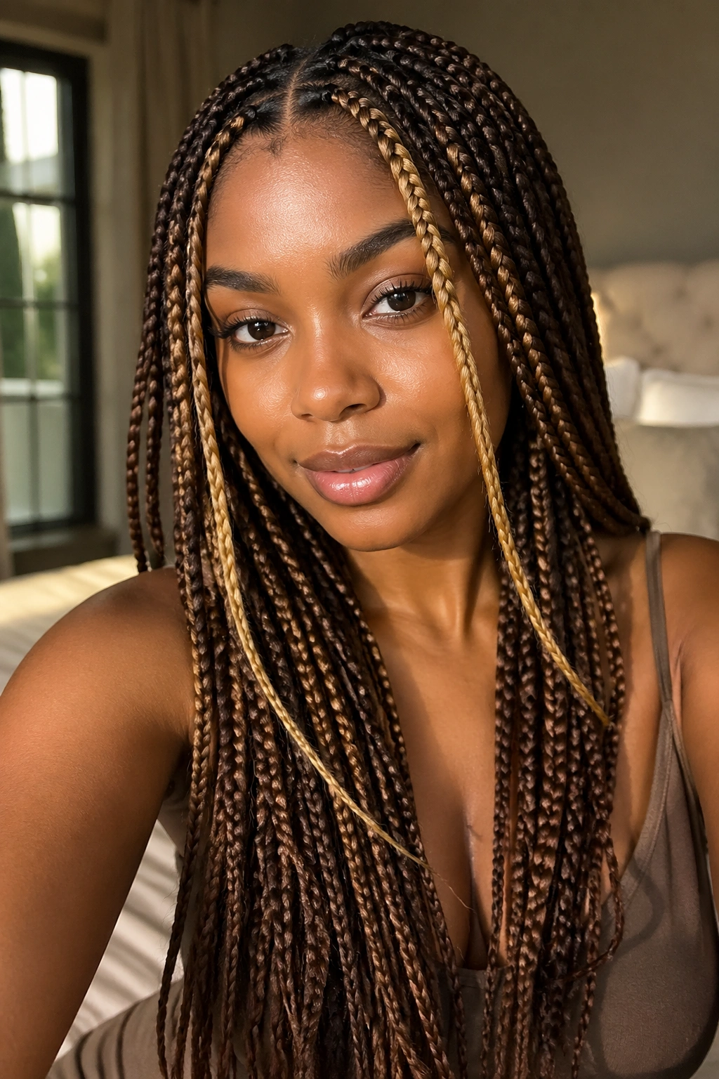 Close-up of real woman with honey blonde face-framing box braids against warm bedroom light