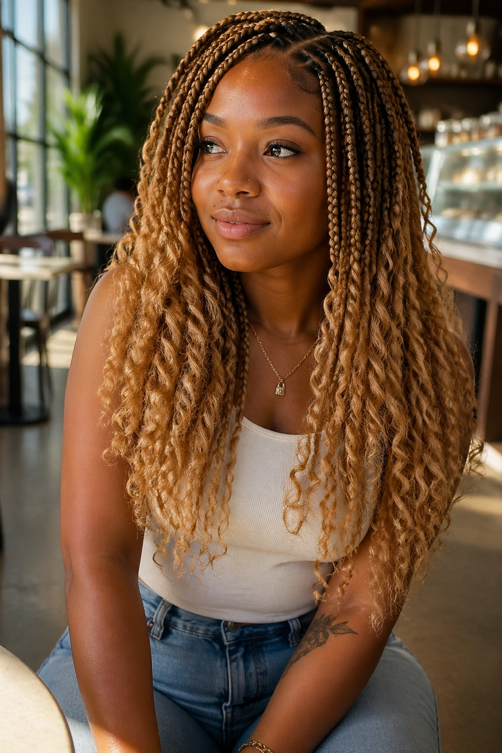 Portrait of a real woman with honey blonde box braids and curly ends.