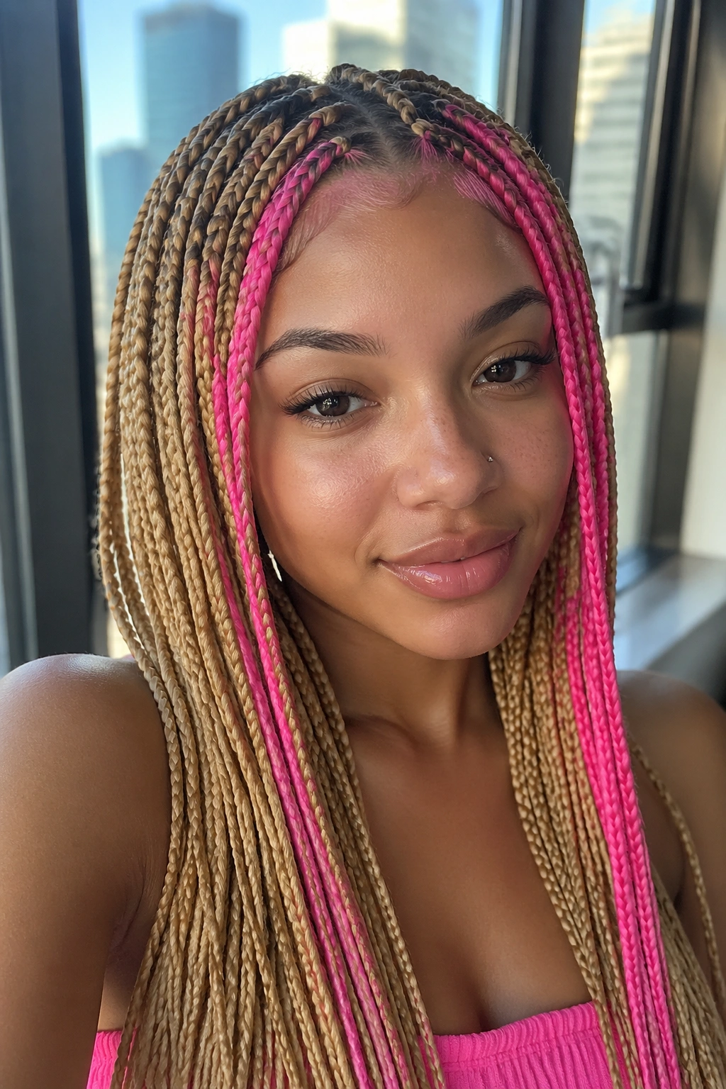 Close-up of honey blonde box braids with neon pink money pieces framing the face