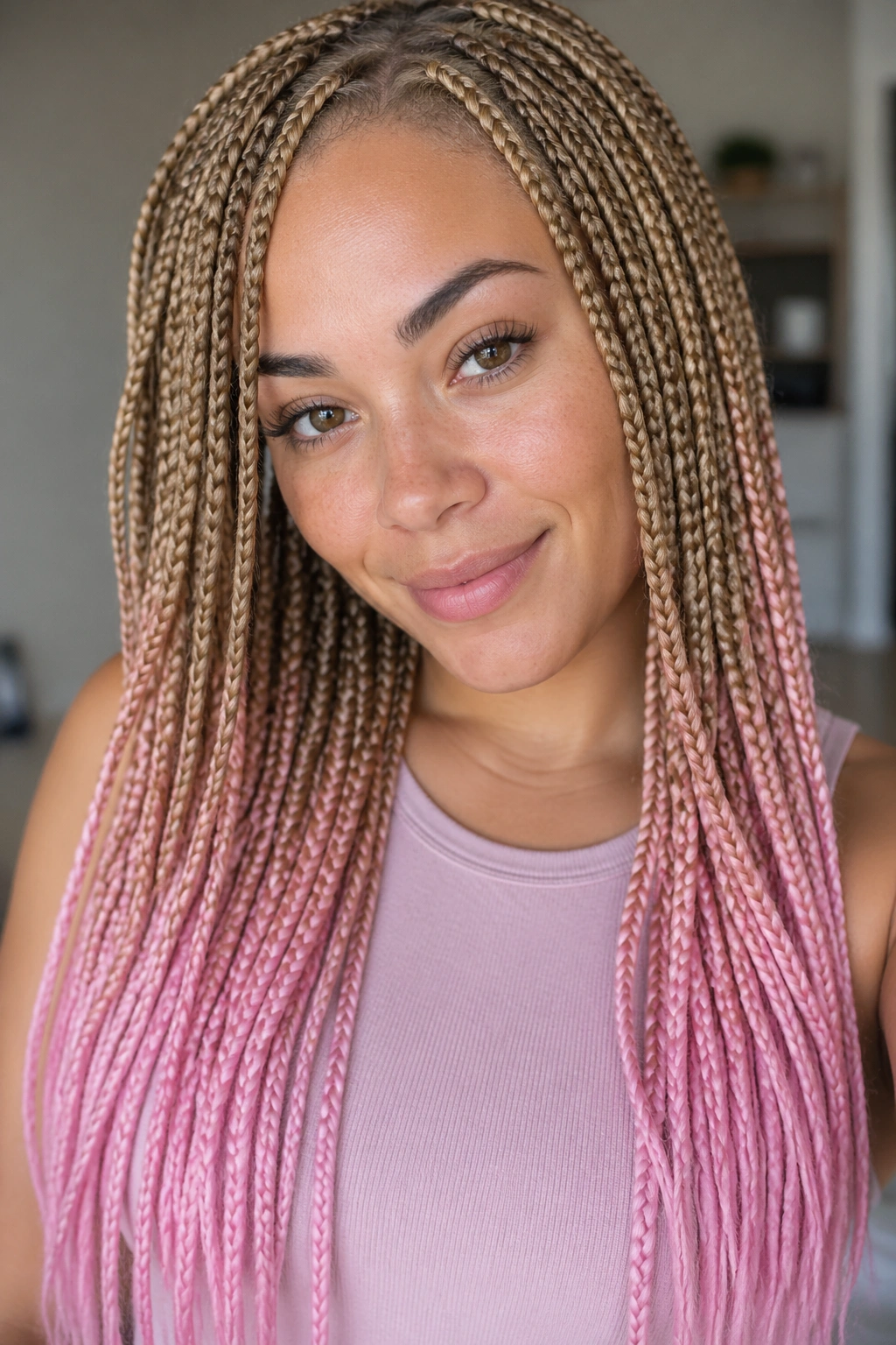Close-up portrait of a real woman with honey blonde box braids ending in pink tips