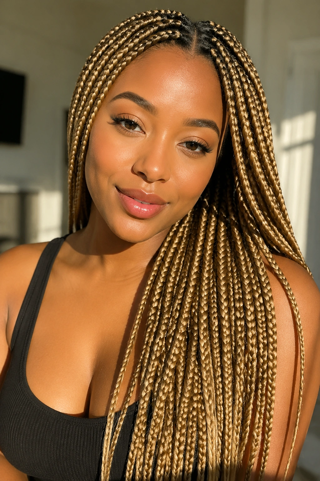 Close-up of honey blonde long box braids on a real person.