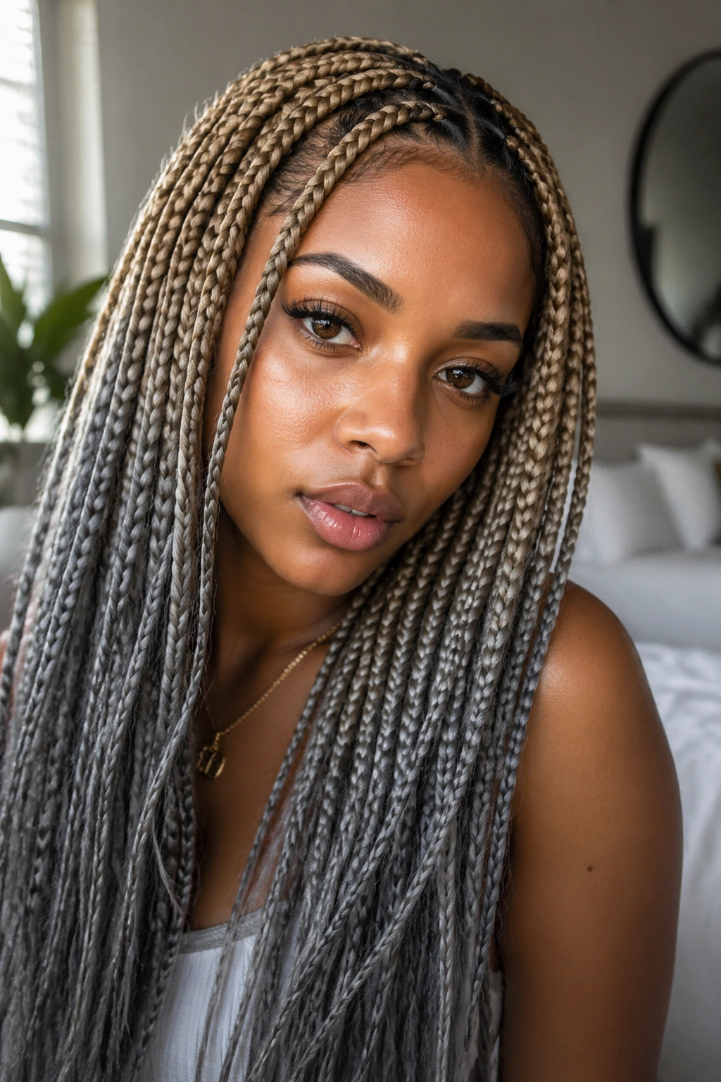 Close-up portrait of a person with honey blonde box braids and smoky grey ends