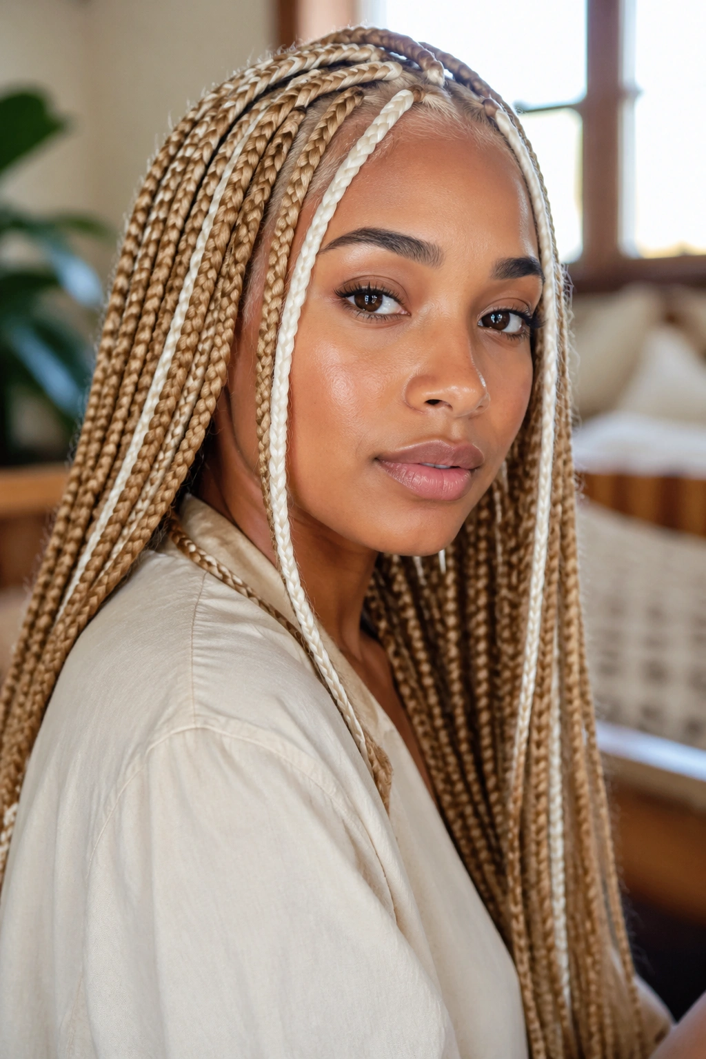 Close-up of a real woman with honey blonde box braids and white face-framing pieces