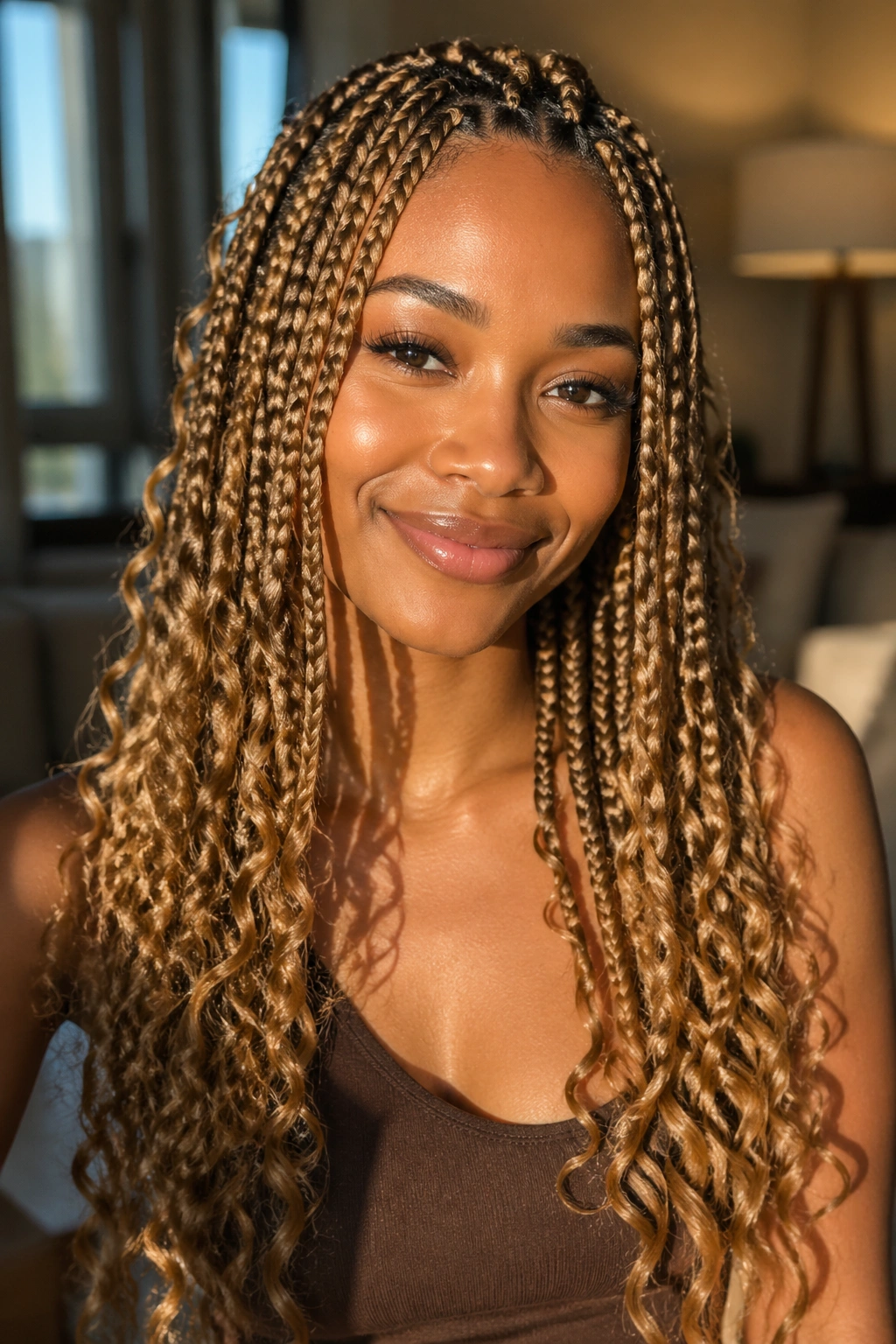 Real woman with honey-blonde long boho box braids in golden hour light