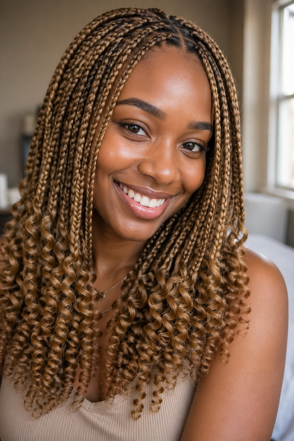 Close-up portrait of a real woman with honey blonde knotless box braids and soft spiral ends in warm window light