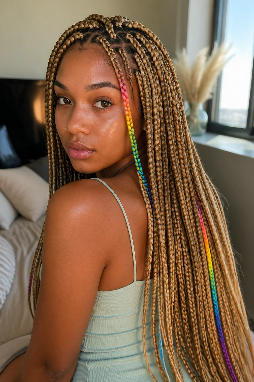Close-up of a real woman with honey-blonde waist-length knotless braids featuring two rainbow accents.