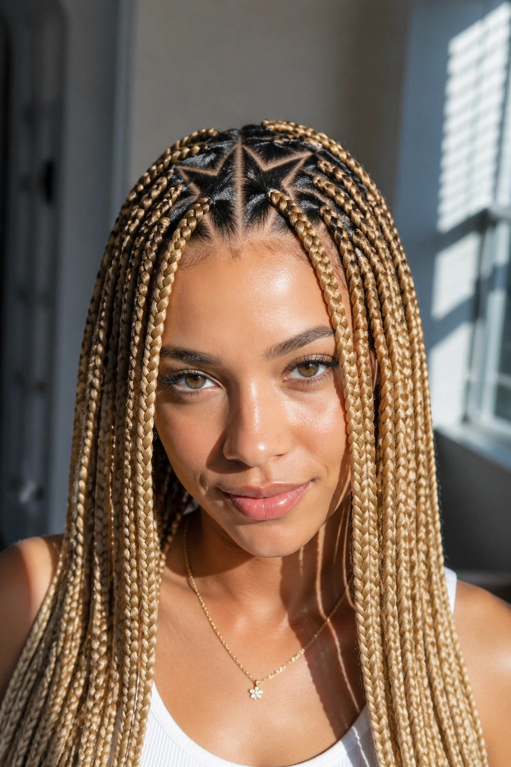 Close-up portrait of honey-blonde box braids with a contrast star parting on a real person