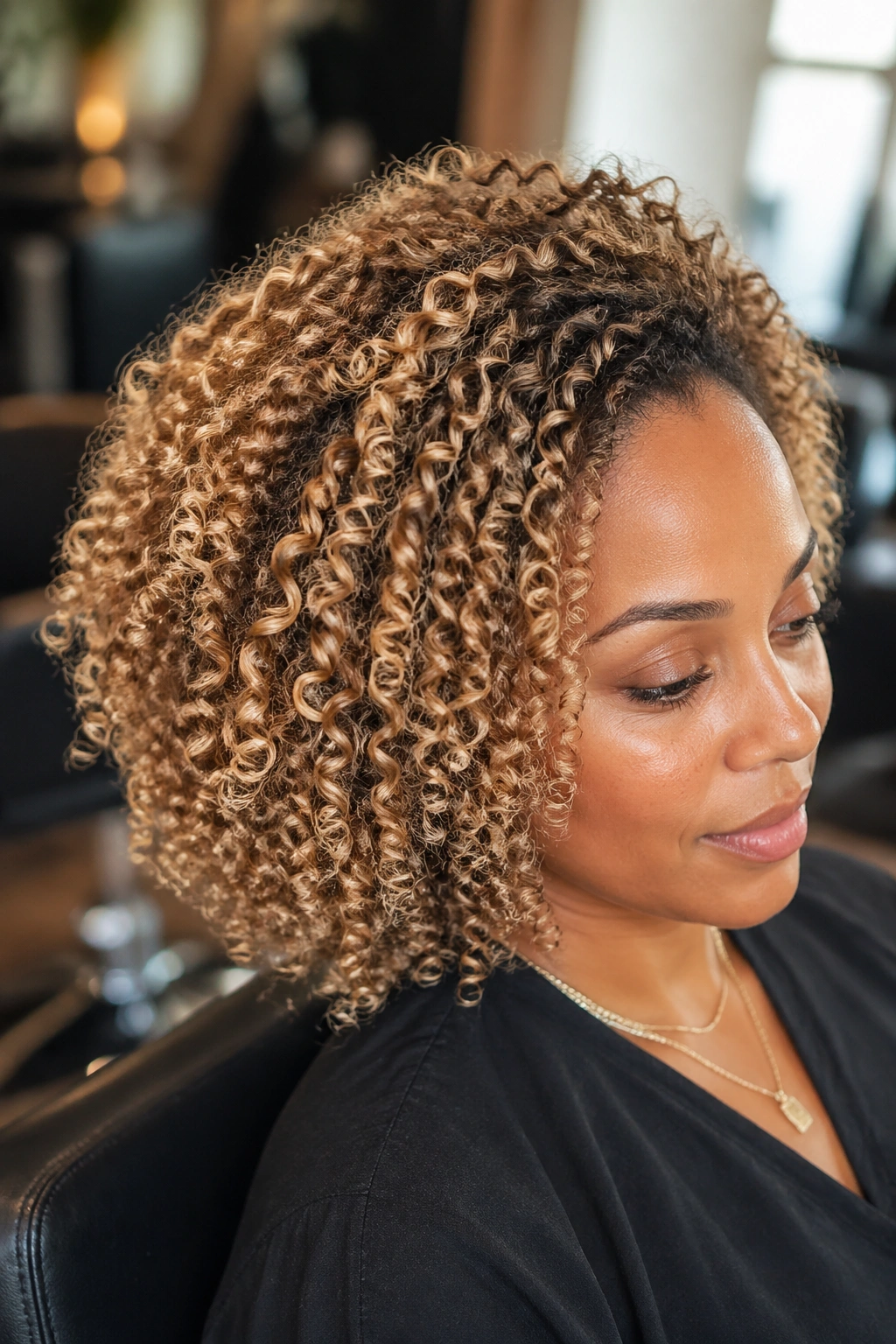 Close-up of a woman with honey blonde curls in a salon setting