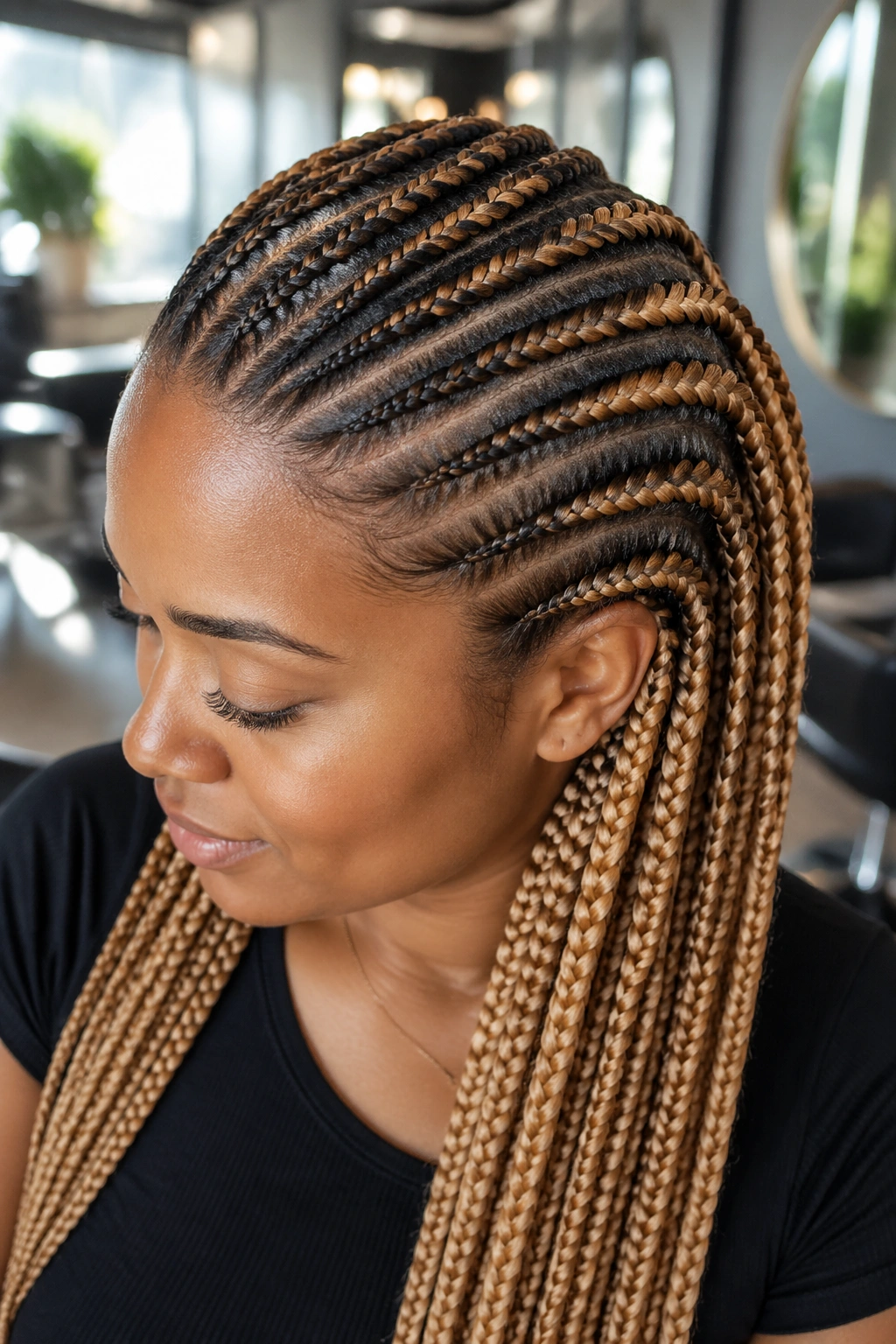 Real woman with honey blonde cornrows and dark roots in a sunlit salon