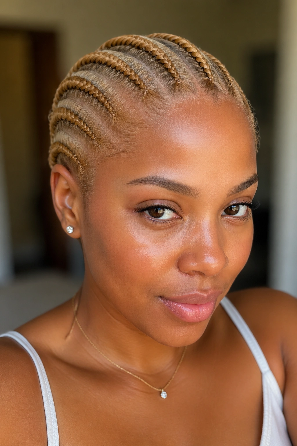 Portrait of honey blonde straight-back cornrows on a real person